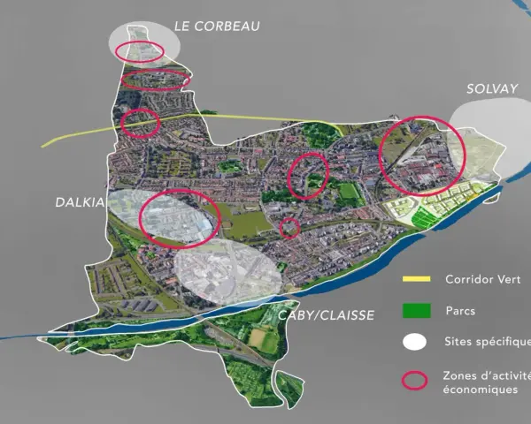 Carte d'urbanisme de Lille, montrant des zones d'activités économiques, des parcs et des sites spécifiques.