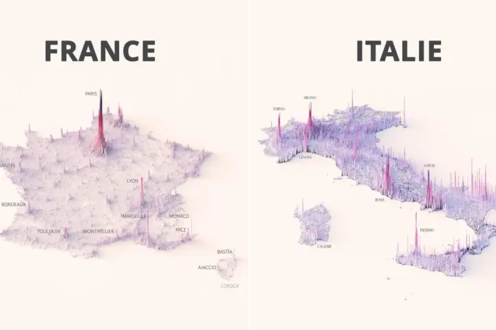 Visualisation 3D de la France et de l'Italie, montrant la densité de population par des pics. Paris et Naples sont les plus hauts.