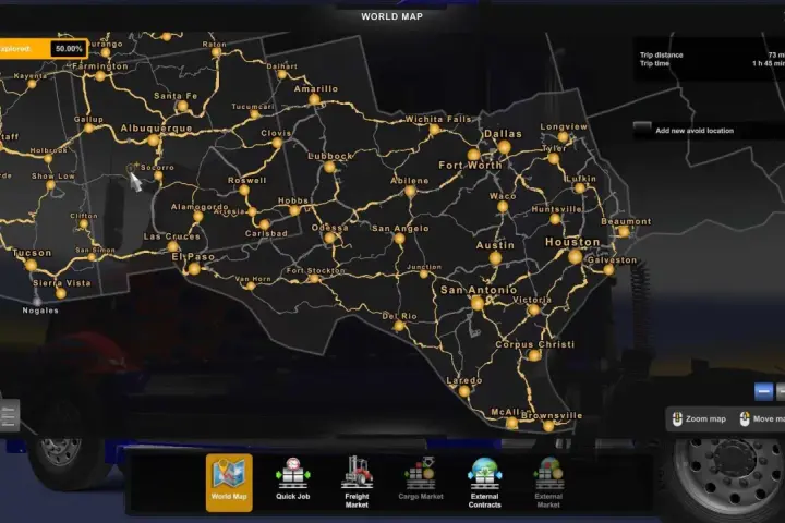 Carte Euro Truck Simulator 2 montrant le Texas et le Nouveau-Mexique. 50% de la carte explorée.