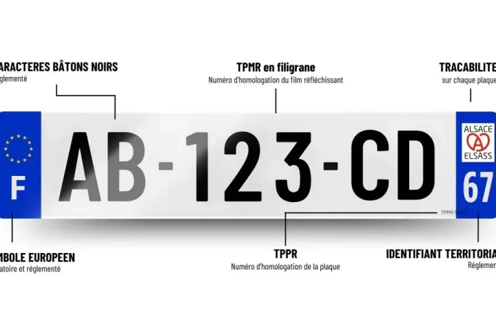Plaque d'immatriculation française avec le numéro AB-123-CD, le symbole européen et l'identifiant territorial "67" pour l'Alsace. L'année de fabrication est indiquée par le TPPR.