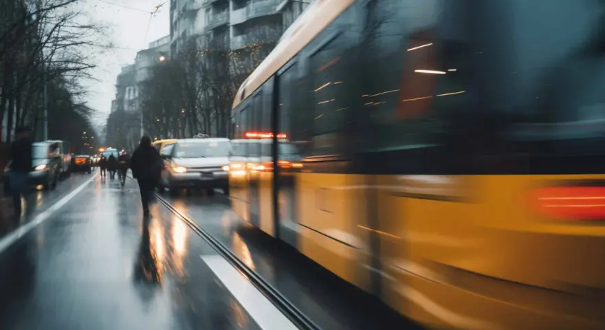 Un tram jaune file dans une rue mouillée, reflétant les lumières de la ville. Un bus Gien est visible au loin.