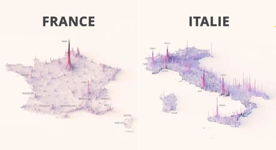 Visualisation 3D de la France et de l'Italie, montrant la densité de population par des pics. Paris et Naples sont les plus hauts.