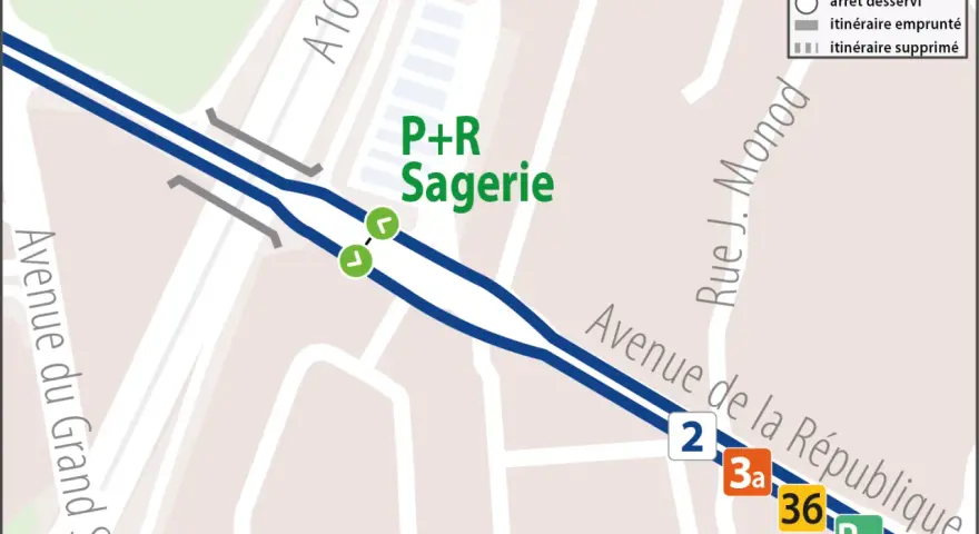 Carte du P+R Sagerie. Ligne 2 desservie, avec arrêts provisoires et empruntés. Avenue du Grand Sud et Rue J. Monod.