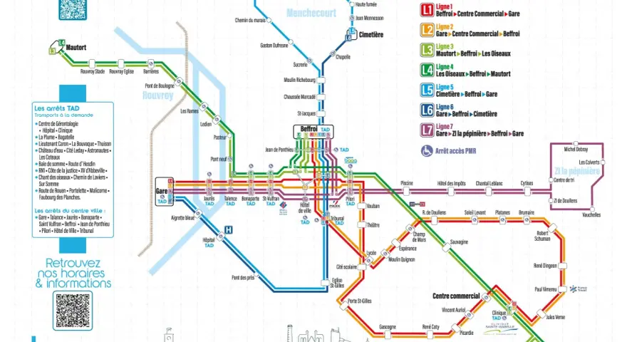Carte du réseau de bus de Abbeville, avec les lignes et arrêts. Le bus baag circule sur plusieurs lignes.