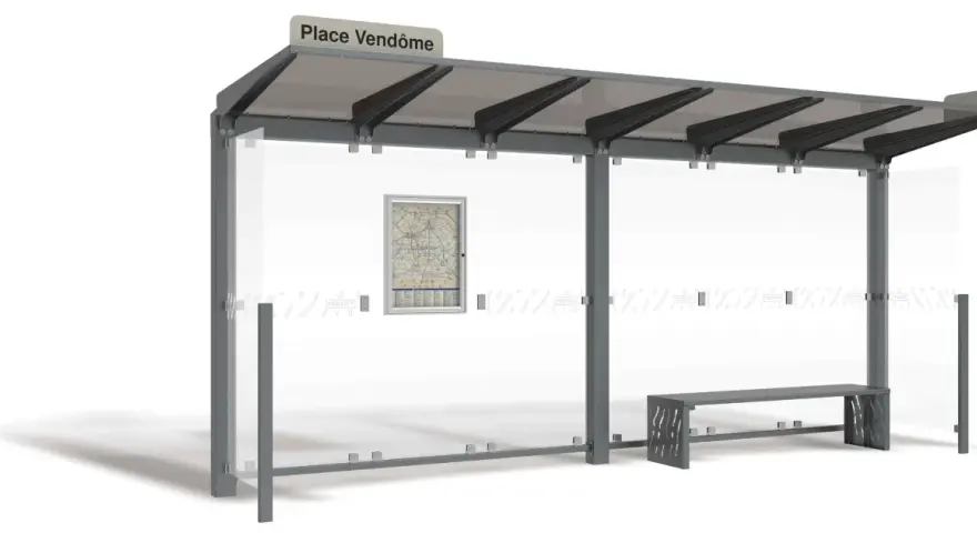 Abri de **parking bus** moderne avec panneau "Place Vendôme", banc et plan du réseau.