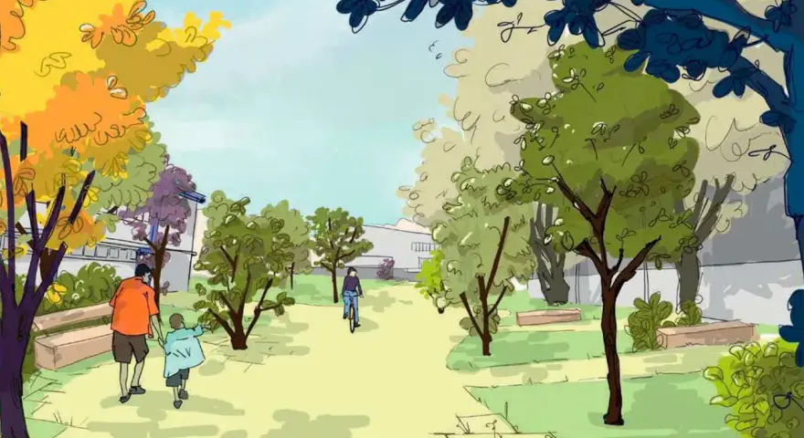 Un père et son enfant se promènent dans un parc verdoyant, tandis qu'une personne fait du vélo. Une scène d'animation du territoire paisible et colorée.