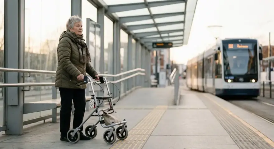 Une femme âgée avec un déambulateur attend le tram. Elle se prépare à monter, une leçon sur comment prendre le bus.
