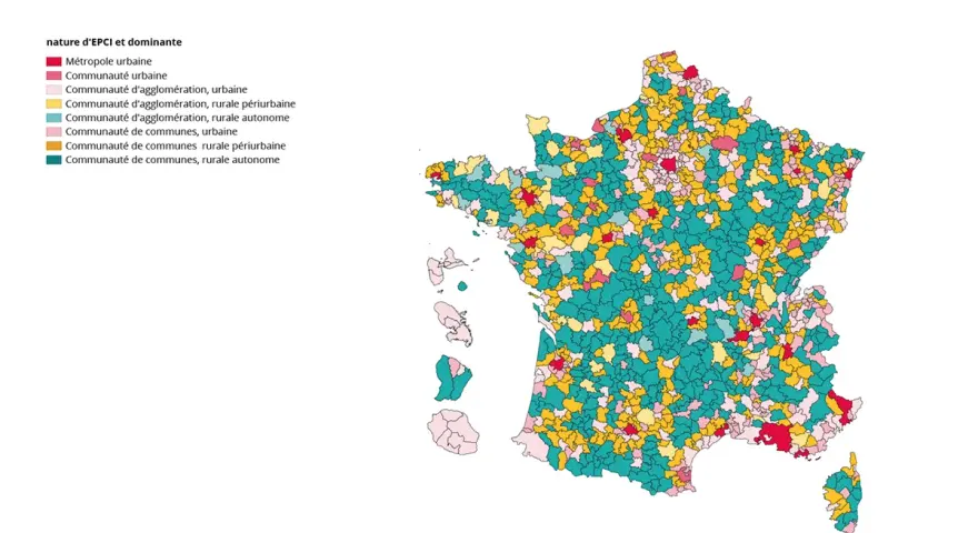 Carte de France montrant la répartition des métropoles et des communautés de communes, illustrant les 10 plus grandes aires urbaines de France.