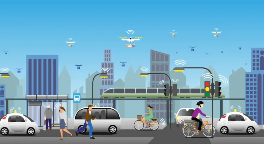 Scène urbaine futuriste illustrant la mobilité urbaine définition : voitures autonomes, drones de livraison, tramway, vélos et piétons connectés.