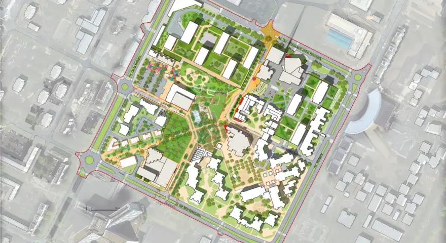 Plan d'urbanisme sur dalle montrant des bâtiments modernes, des espaces verts et des aires de jeux. Le projet intègre des rues et des avenues.