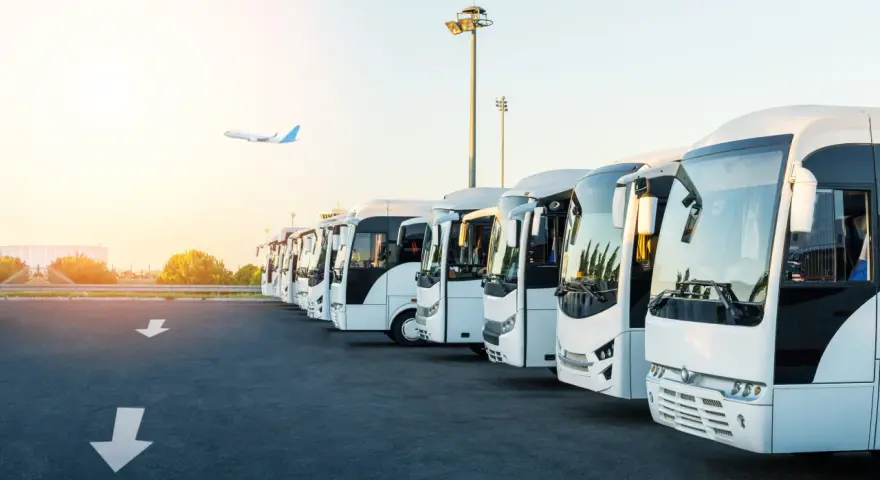Une flotte de bus blancs alignés, prêts à transporter des passagers. L'avion au loin suggère la capacité d'un bus à relier les gens à leurs destinations.