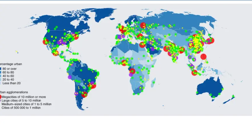 Carte mondiale du pourcentage d'urbanisation et des agglomérations urbaines. Ce tableau de bord environnemental montre la répartition des villes.
