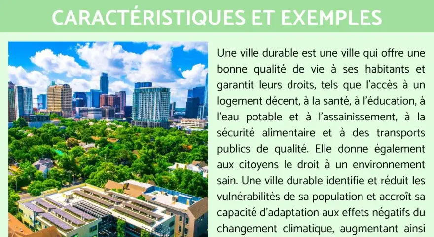 Vue aérienne d'une ville moderne avec des gratte-ciel, des arbres et des panneaux solaires. La définition d'une ville durable est expliquée, incluant l'accès à des espaces publics de qualité.
