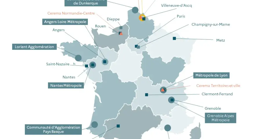 Carte de France montrant des métropoles et des agglomérations, illustrant le maillage territorial.