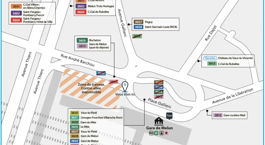 Plan des lignes de bus autour de la gare de Melun, avec le bus 3603 indiqué.