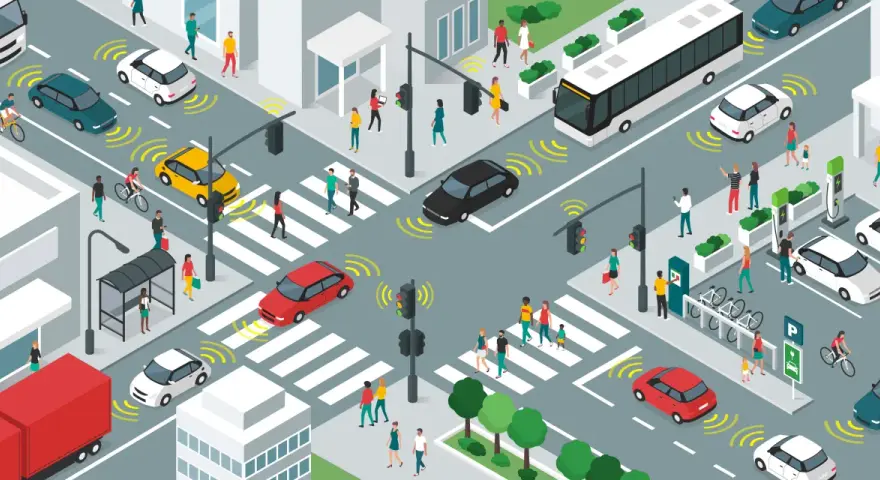 Scène urbaine animée illustrant l'analyse de la mobilité urbaine : voitures autonomes, bus, piétons, vélos et bornes de recharge.