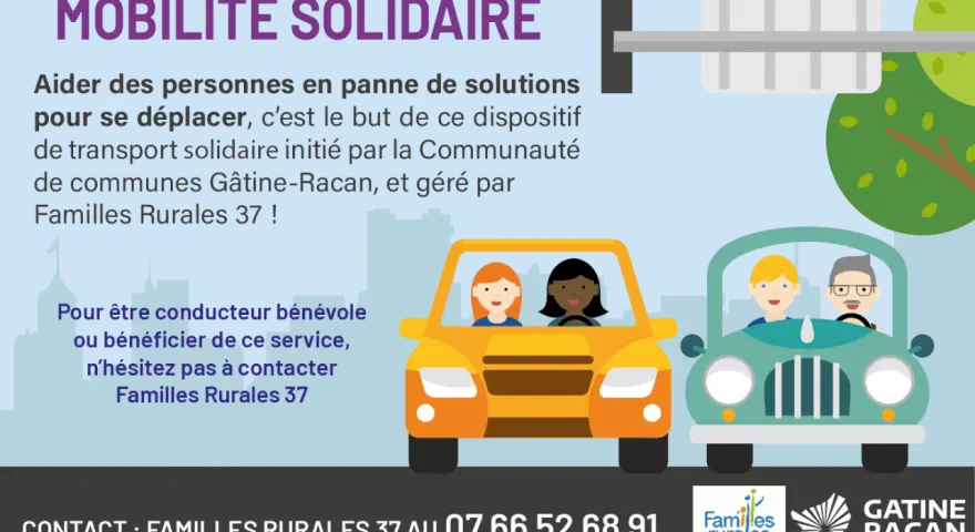 Illustration de deux voitures avec des passagers, promouvant la mobilité solidaire. Contactez Familles Rurales 37 pour en savoir plus.