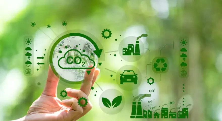 Main d'une personne tenant une sphère symbolisant la Terre et le CO2, entourée d'icônes représentant l'industrie, le transport et le recyclage, illustrant la transformation des territoires vers un avenir durable.