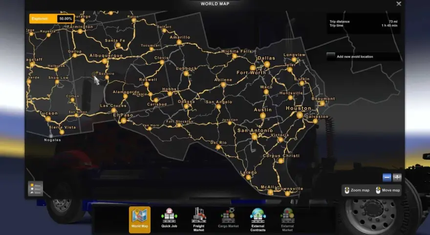 Carte Euro Truck Simulator 2 montrant le Texas et le Nouveau-Mexique. 50% de la carte explorée.