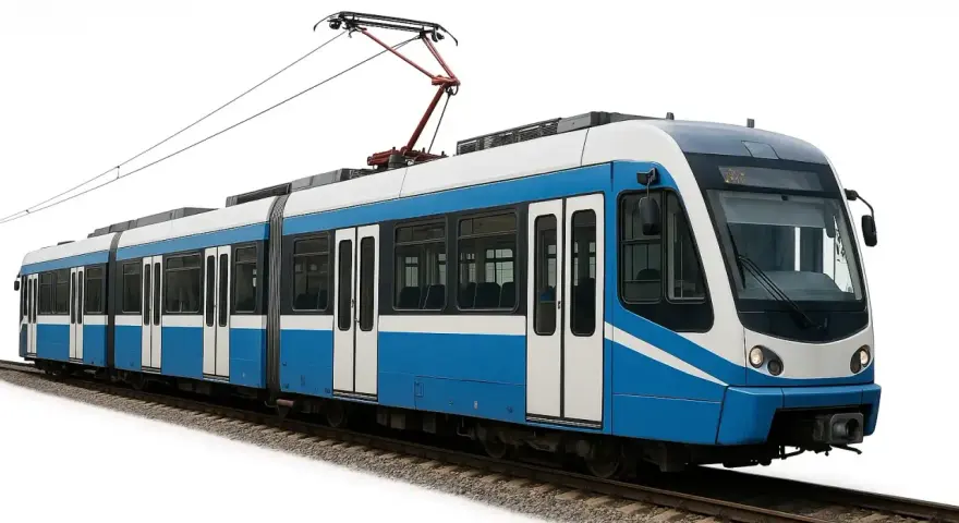 Un tram moderne bleu et blanc, un bus bhns, circule sur des rails.