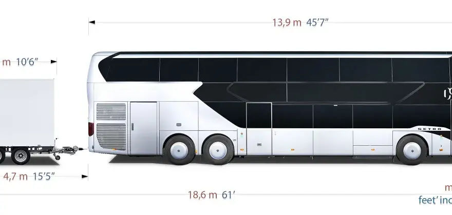 Vue latérale d'un bus à deux étages et d'une remorque. La hauteur d'un car est de 4 mètres. Dimensions indiquées en mètres et pieds.