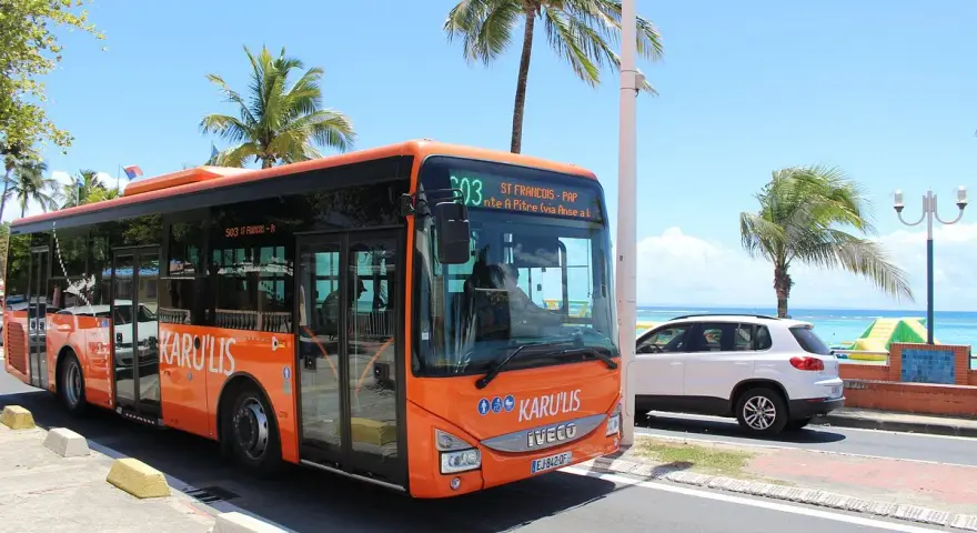 Un bus orange Karulis, ligne 503, circule sous les palmiers en Guadeloupe.