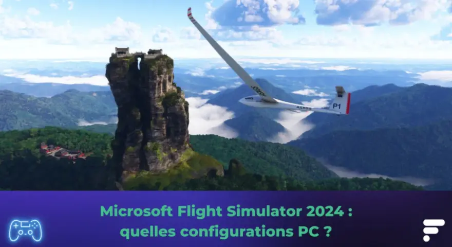 Un planeur survole des montagnes verdoyantes, près d'un temple perché. Microsoft Flight Simulator 2024 : quelles configurations PC ?