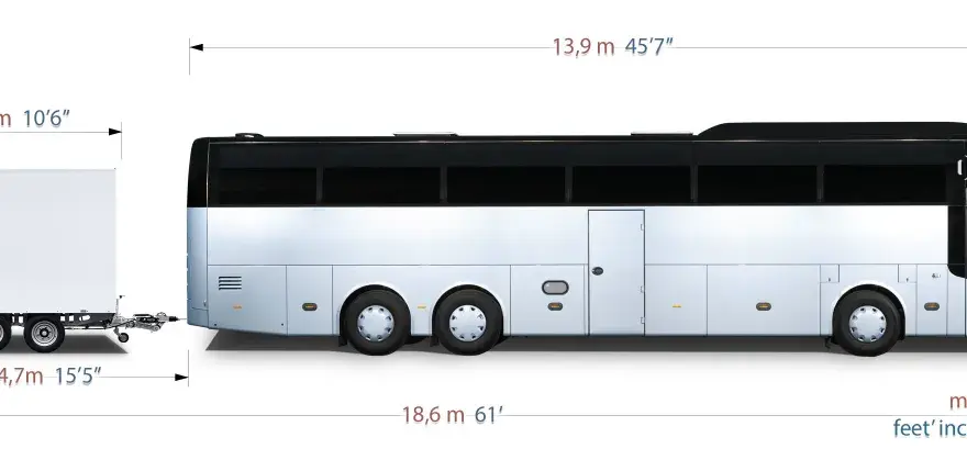 Vue latérale d'un bus blanc et noir avec une remorque. Dimensions indiquées : longueur totale 18,6m, hauteur 4m, largeur d'un bus 3,2m, hauteur remorque 3,25m, longueur remorque 4,7m.