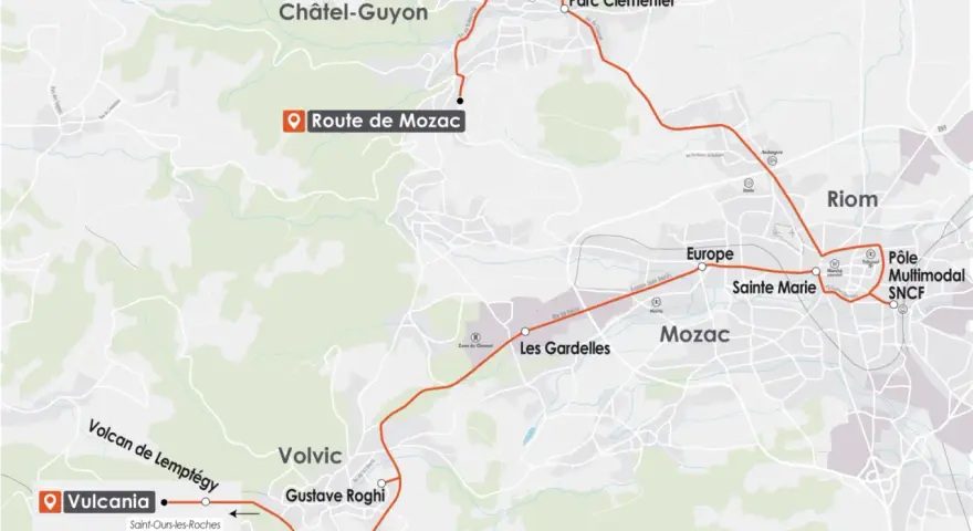 Carte du parcours rlv riom, reliant Vulcania à Riom en passant par Volvic et Mozac.