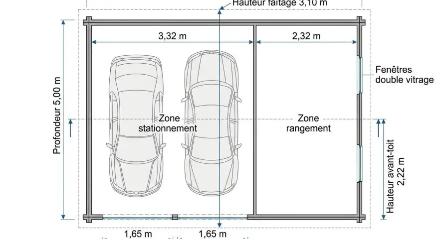Plan d'un garage double avec une zone de stationnement pour deux voitures et une zone de rangement. La longueur totale est de 5,98 m.