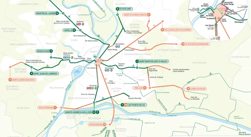 Carte des lignes de tramway et véloroutes d'Angers, montrant les itinéraires et les stations.