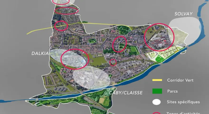 Carte d'urbanisme de Lille, montrant des zones d'activités économiques, des parcs et des sites spécifiques.