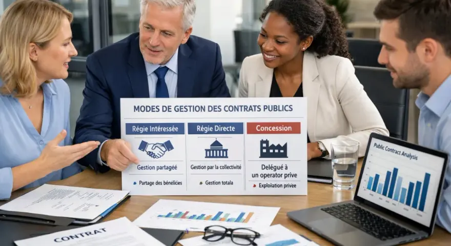 Équipe discutant des modes de gestion des contrats publics, avec un focus sur la "Régie Intéressée" et le partage des bénéfices.