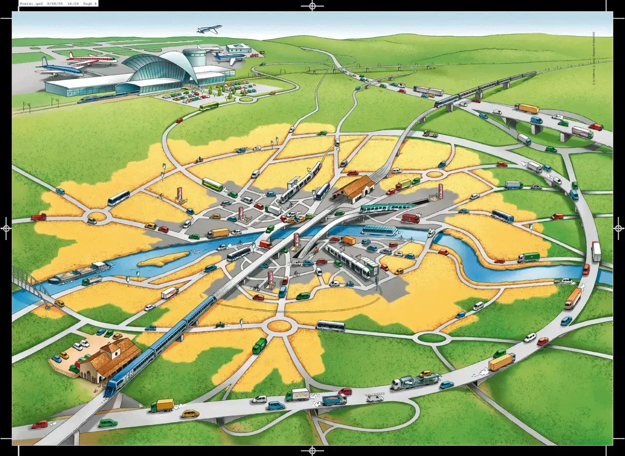 Vue aérienne d'une ville animée, illustrant la définition de l'infrastructure : routes, ponts, trains, tramways, aéroport, et voies navigables.