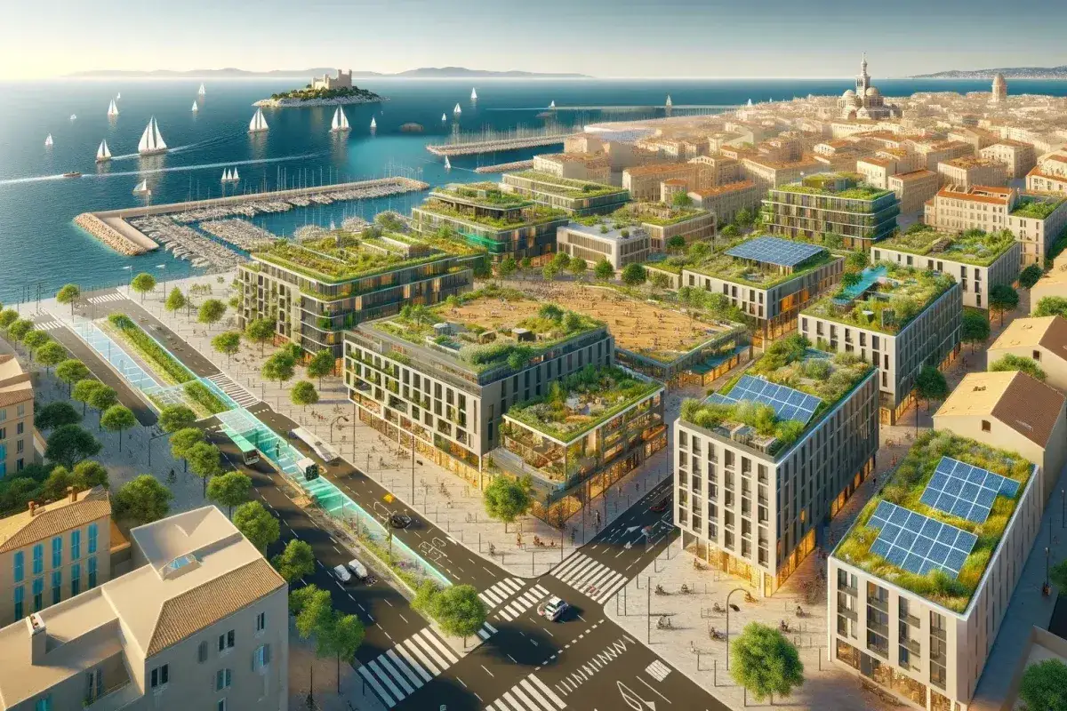 Vue a&eacute;rienne d'un projet d'urbanisme op&eacute;rationnel : b&acirc;timents modernes avec toits v&eacute;g&eacute;talis&eacute;s et panneaux solaires, un port de plaisance anim&eacute; et une ville c&ocirc;ti&egrave;re en arri&egrave;re-plan.