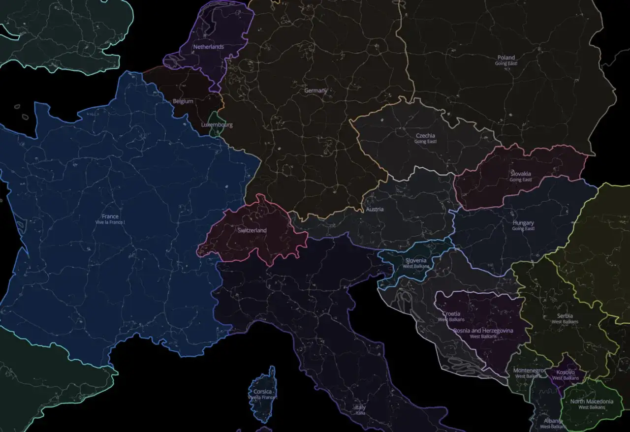 Carte d'Europe pour Euro Truck Simulator 2, montrant la France, l'Allemagne, la Suisse, l'Italie et les Balkans.