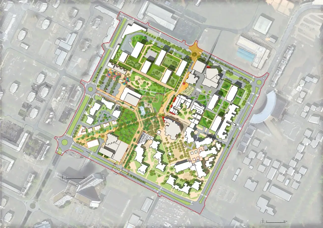 Plan d'urbanisme sur dalle : bâtiments modernes, espaces verts, aires de jeux et voiries. Un projet d'aménagement urbain dynamique.
