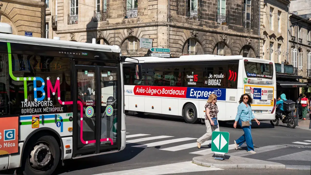 Deux bus TBM, les transports régionaux de la Gironde, traversent un passage piéton à Bordeaux. L'un affiche 