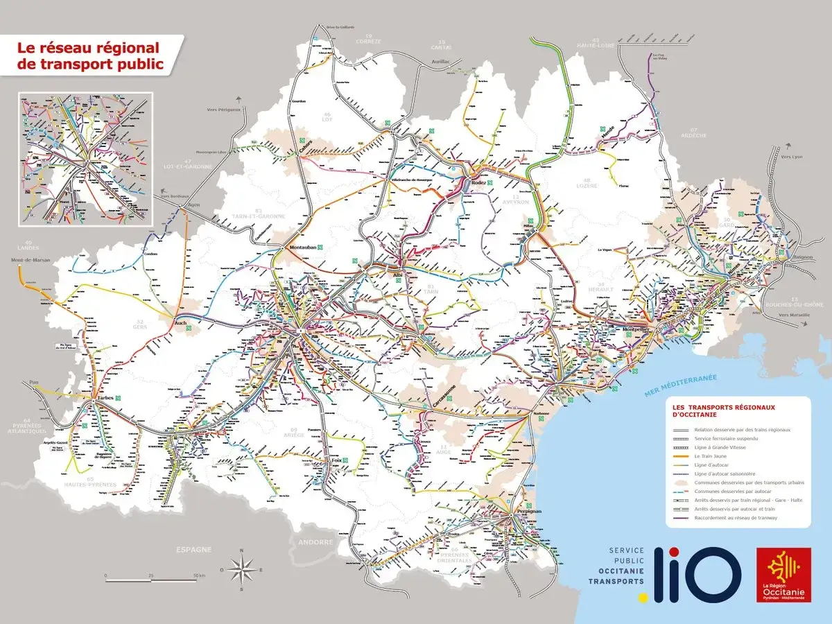 Carte du réseau de transport public en Occitanie, montrant les lignes de train et de bus.