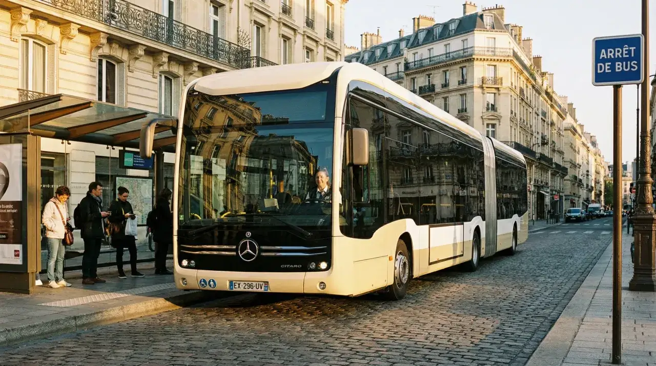Un bus articulé Mercedes-Benz Citaro s'arrête à un arrêt de bus parisien. Le conducteur, souriant, est visible. Le dossier professionnel permis d est prêt pour le prochain trajet.