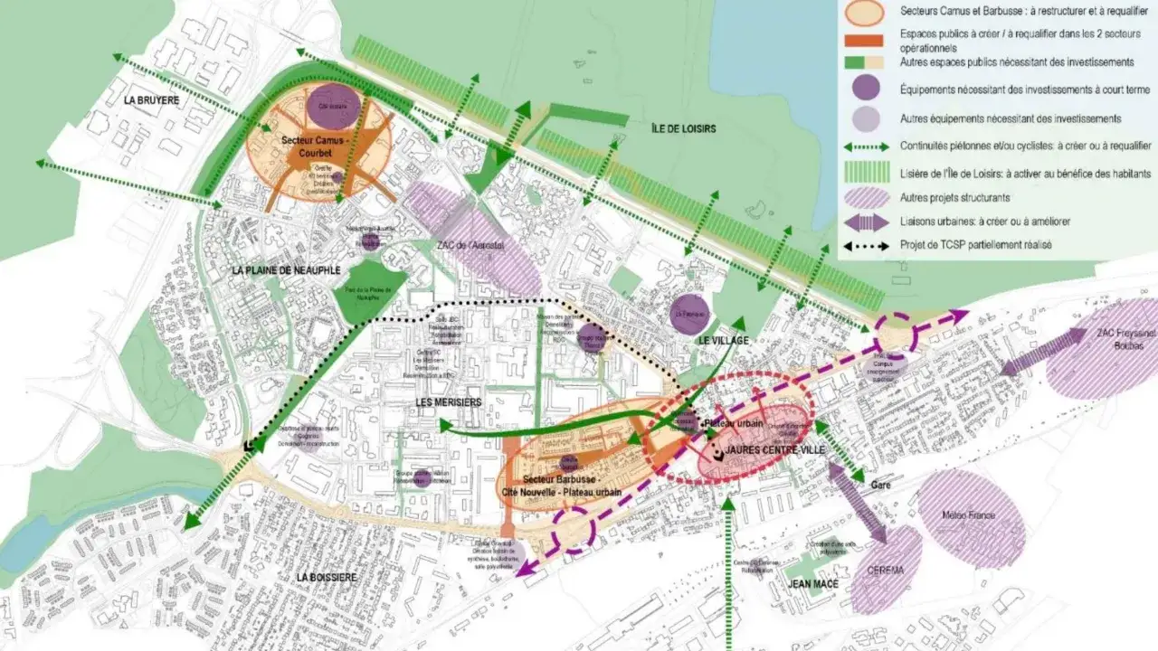 Plan d'urbanisme montrant des secteurs à requalifier, des espaces publics à créer, des équipements, des continuités piétonnes/cyclistes et des liaisons urbaines, avec des plu trappes.