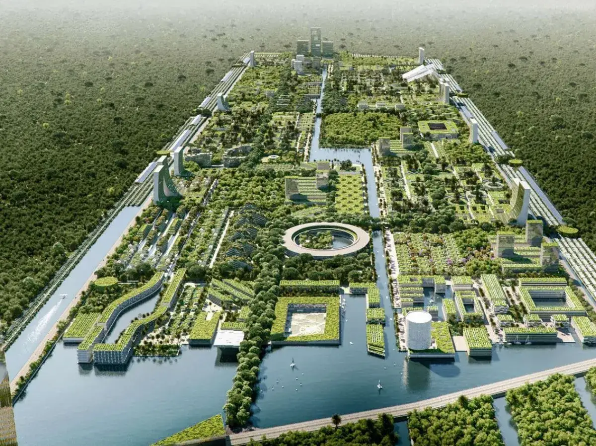 Vue aérienne d'une ville futuriste luxuriante, intégrée à la nature, avec des canaux et des bâtiments recouverts de verdure, incarnant le concept de net zero cities.