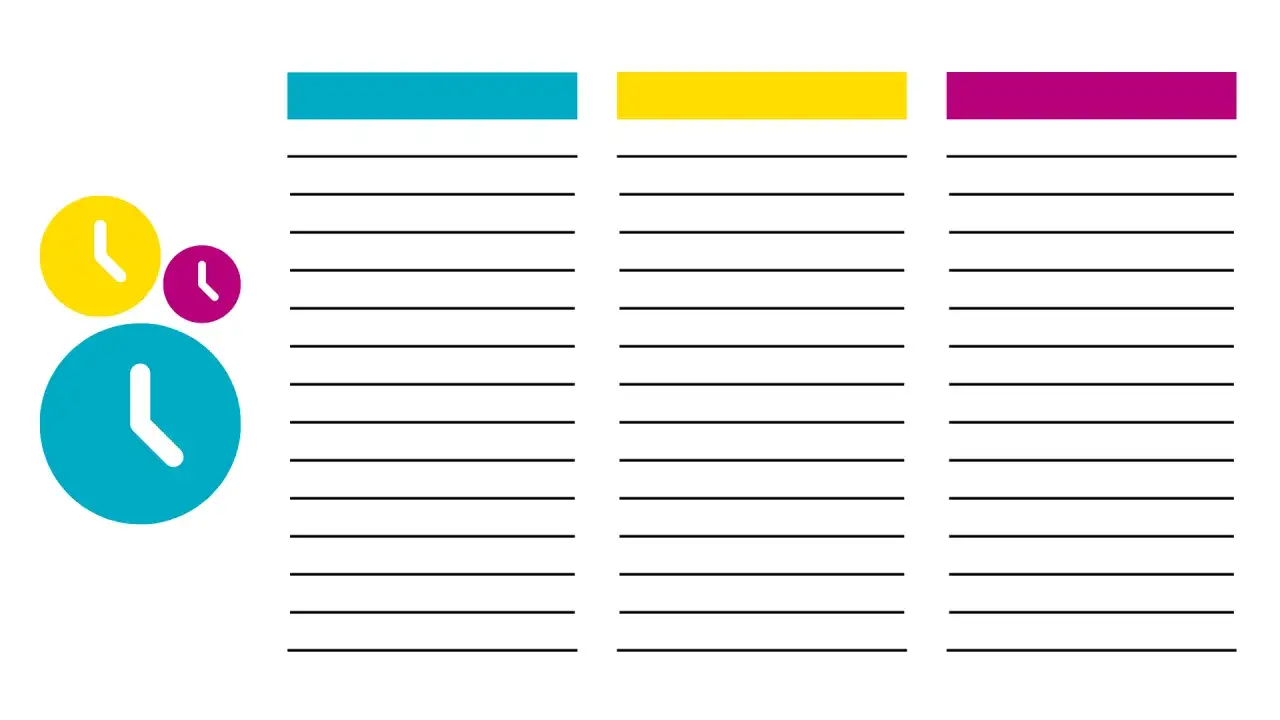 Trois horloges colorées symbolisent le temps. À côté, trois listes à puces sous des blocs de couleur, évoquant un planning ou un emploi du temps, comme celui du tramway de Besançon.