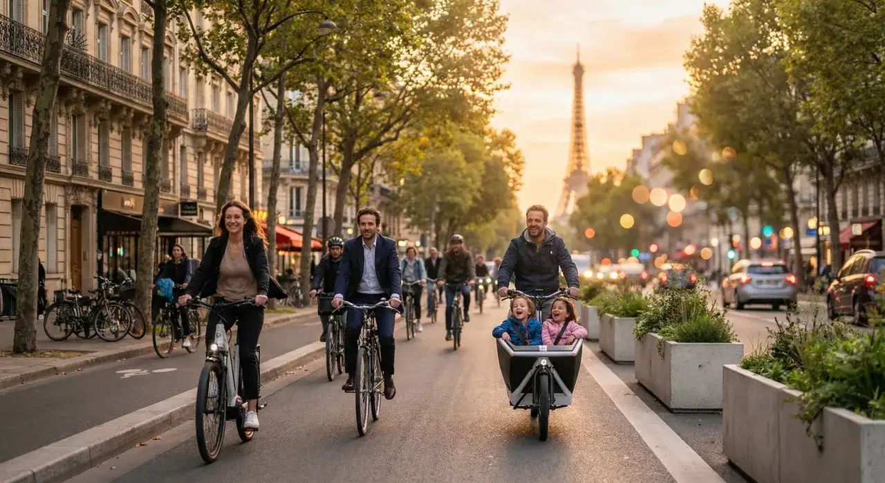 Famille heureuse faisant du vélo en ville, avec la Tour Eiffel en arrière-plan.