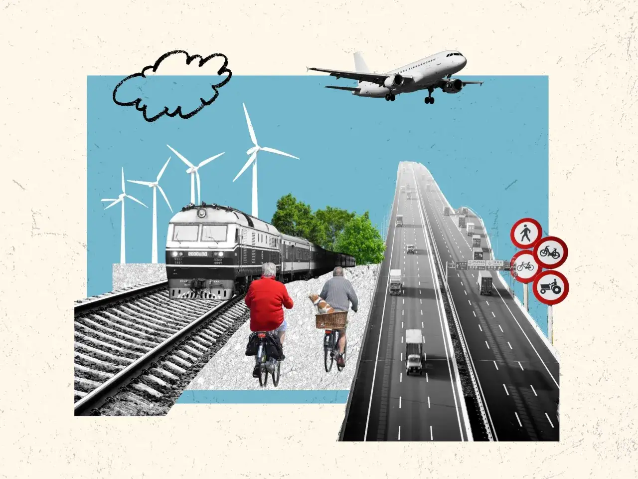 Collage illustrant la planification urbaine : train, éoliennes, avion, autoroute, cyclistes et panneaux de signalisation.