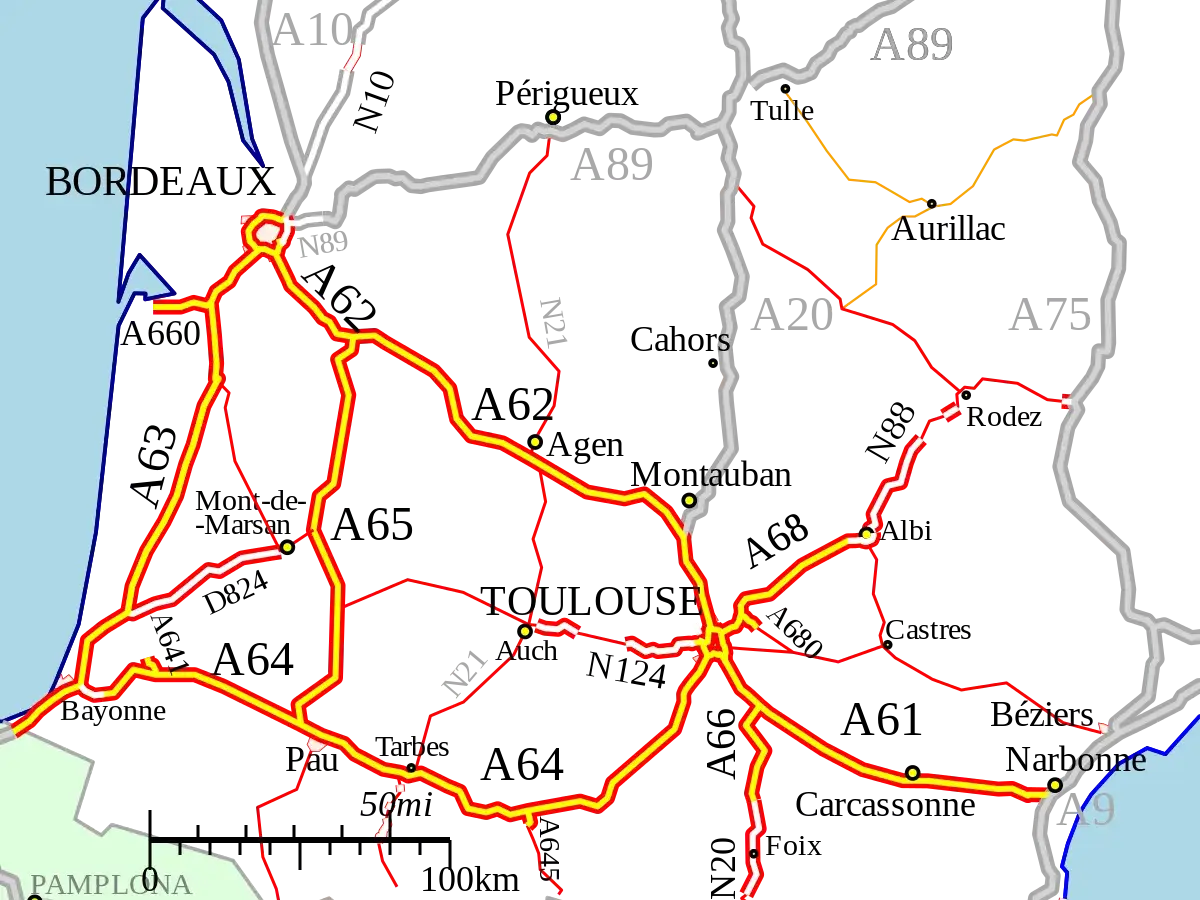 Carte des routes du sud-ouest de la France, montrant Bordeaux, Toulouse et les autoroutes A62, A65, A68, A61, A9, A75, A20, A89, A10 et N89. L'autoroute A70 n'est pas visible.