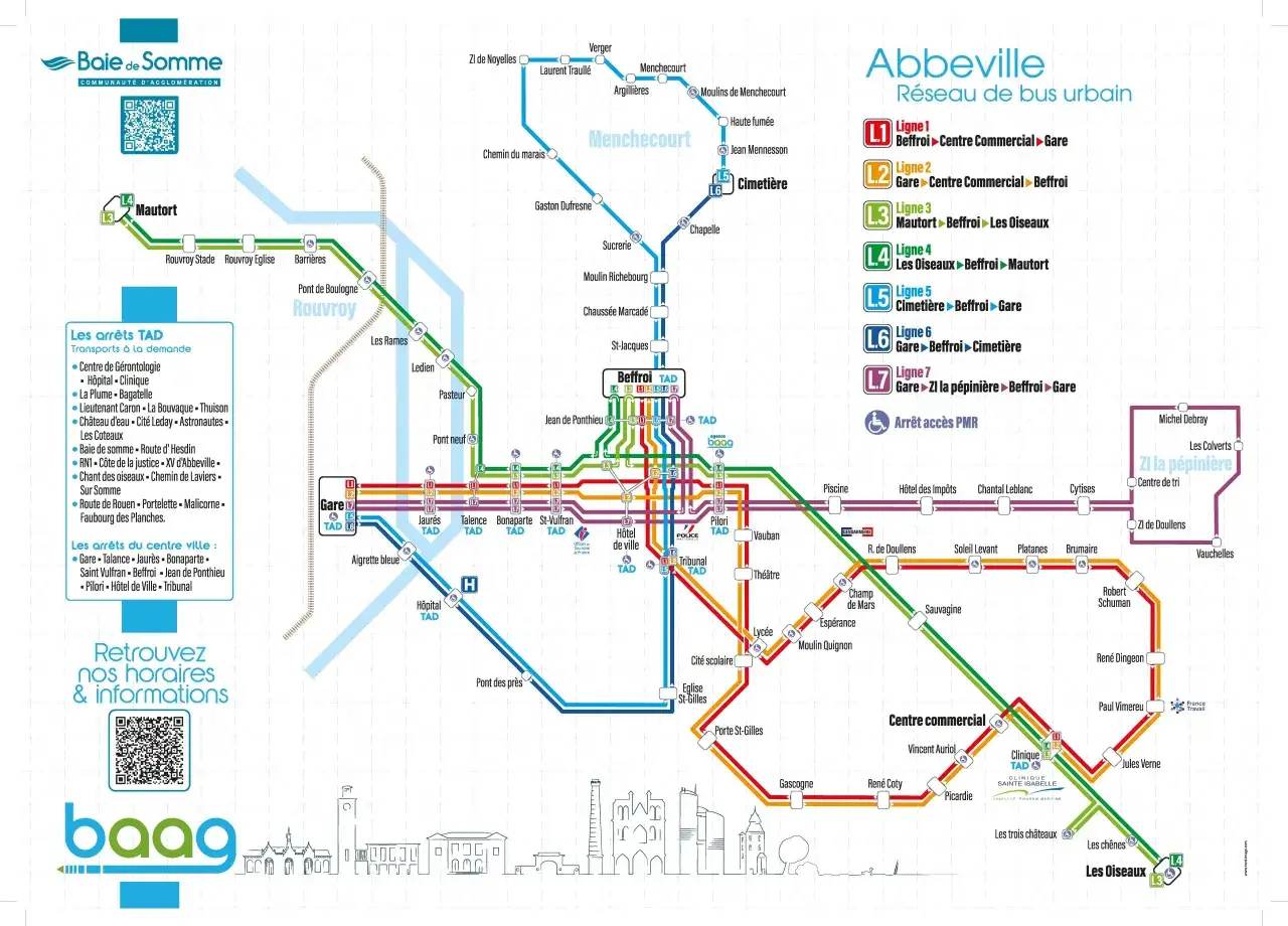 Carte du réseau de bus urbain d'Abbeville, montrant les lignes et arrêts, avec le logo baag.