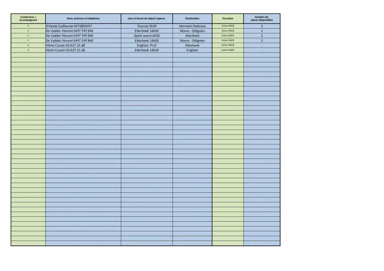 Tableau organisation covoiturage : liste des conducteurs, destinations, horaires et places disponibles pour les trajets, notamment lors de la grève SNCB.
