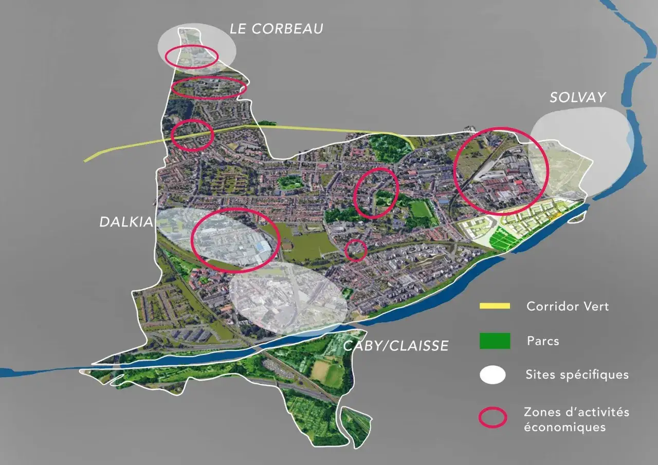 Carte de l'urbanisme de Lille, montrant des zones d'activités économiques, des parcs et des sites spécifiques.