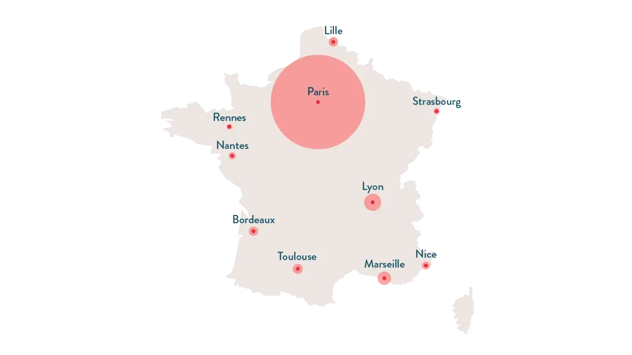 Carte de France illustrant les 10 plus grandes aires urbaines : Paris, Lille, Strasbourg, Lyon, Bordeaux, Toulouse, Marseille, Nice, Nantes et Rennes.